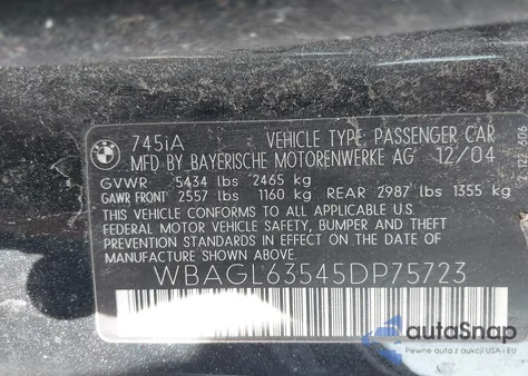 2005 BMW 745I I z USA, uszkodzony, nr VIN WBAGL63545DP75723